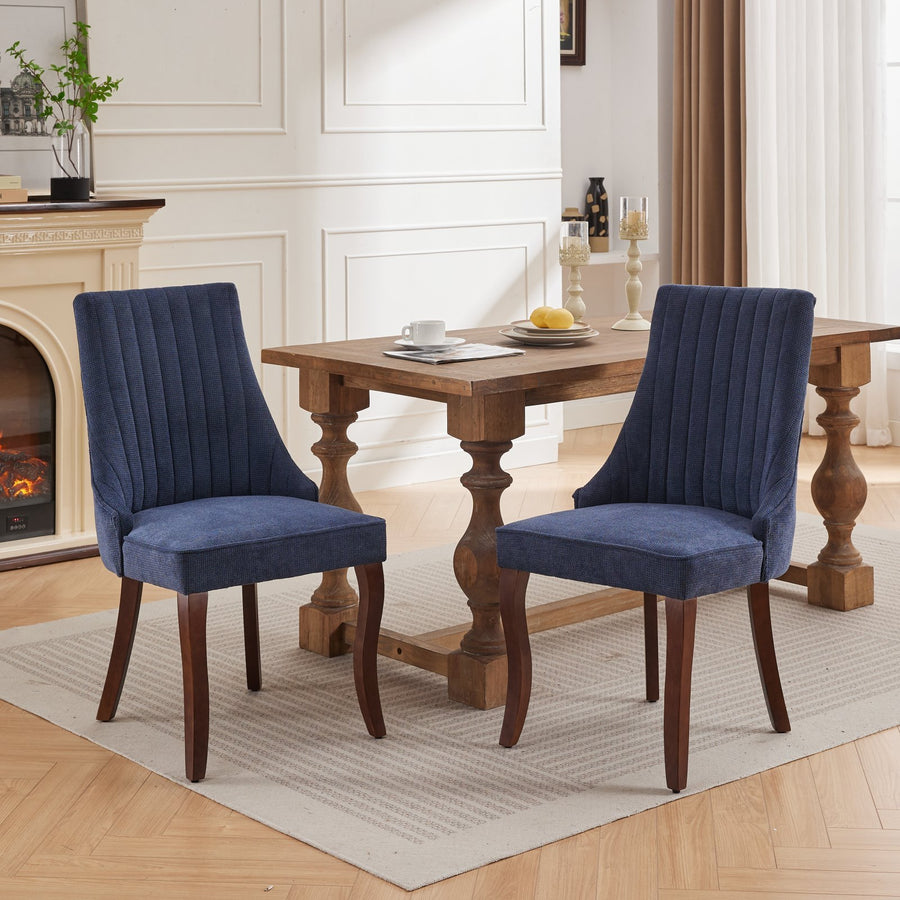 Blue Linen Channel Dining Chairs with Wood Legs (Set of 2)