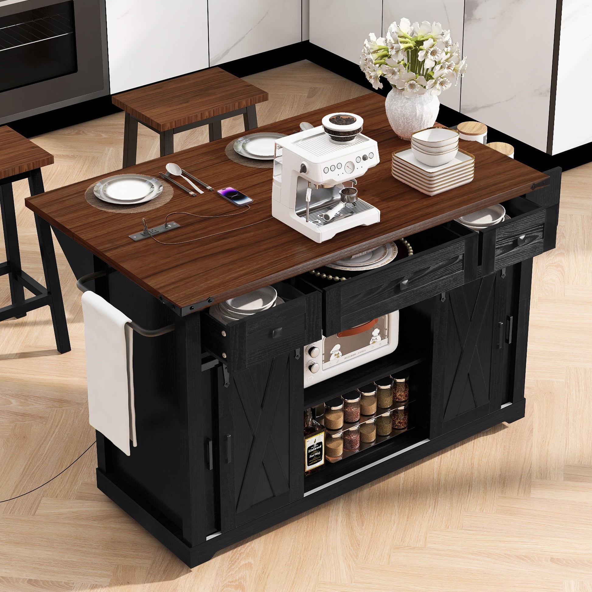 K&k 58' Farmhouse Kitchen Island with Storage - Black - detail view 3