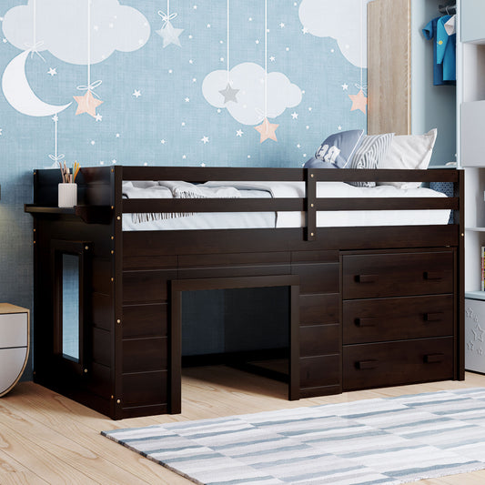 Twin Size Loft Bed with Cabinet and Shelf - Espresso - primary color shot