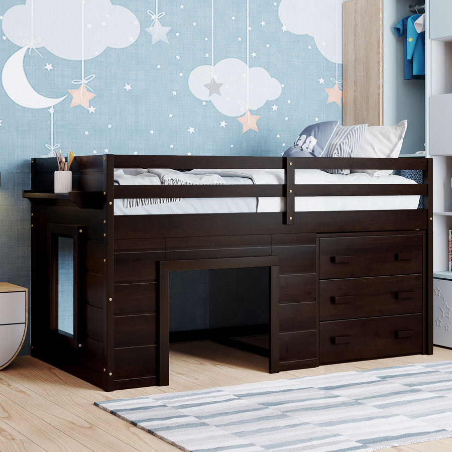 Twin Size Loft Bed with Cabinet and Shelf - Espresso - primary color shot
