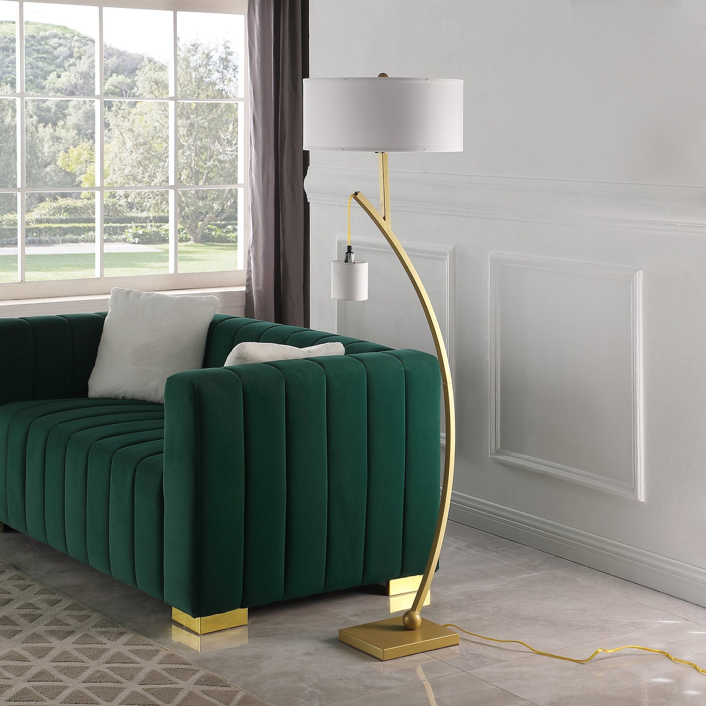 Dual Gold Arc W/ Hanging Pendelum Lamp Metal Floor Lamp