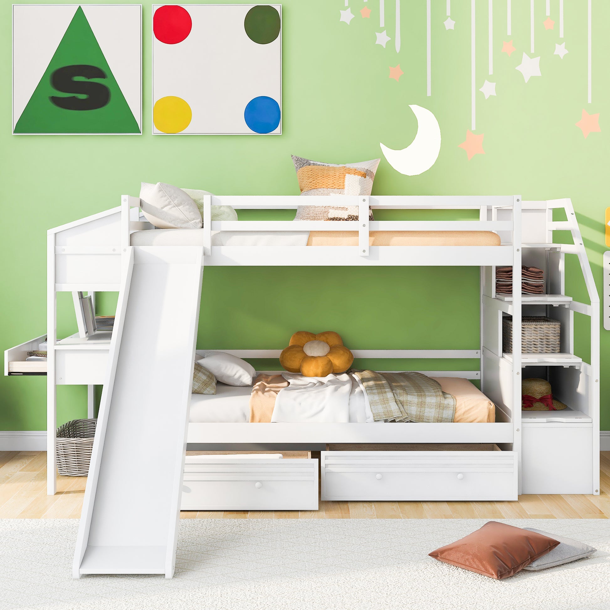 Foster Twin Bunk Bed with Desk & Slide, White