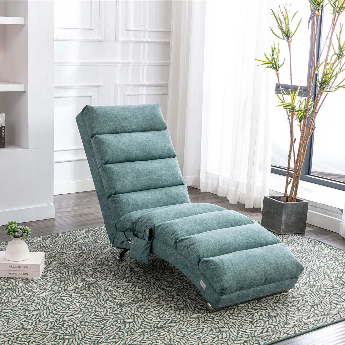 Teal Linen Chaise Lounge with Silver Legs - detail view 4