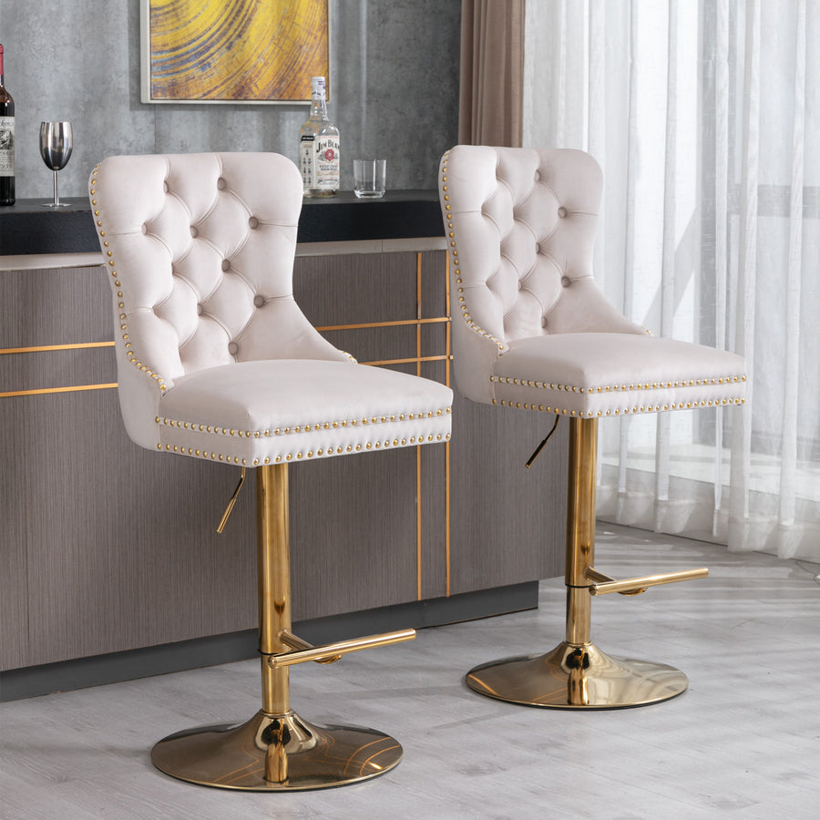 Beige Velvet Tufted Nailhead Trim Bar Stool with Gold Legs (Set of 2)