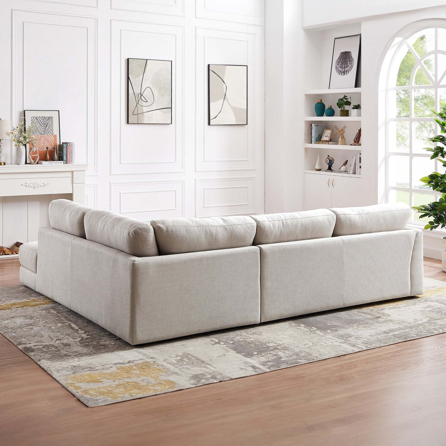 Glander Cozy Sectional Sofa Right Facing Linen Fabric Cream Mid-Century Modern Design - detail view 5