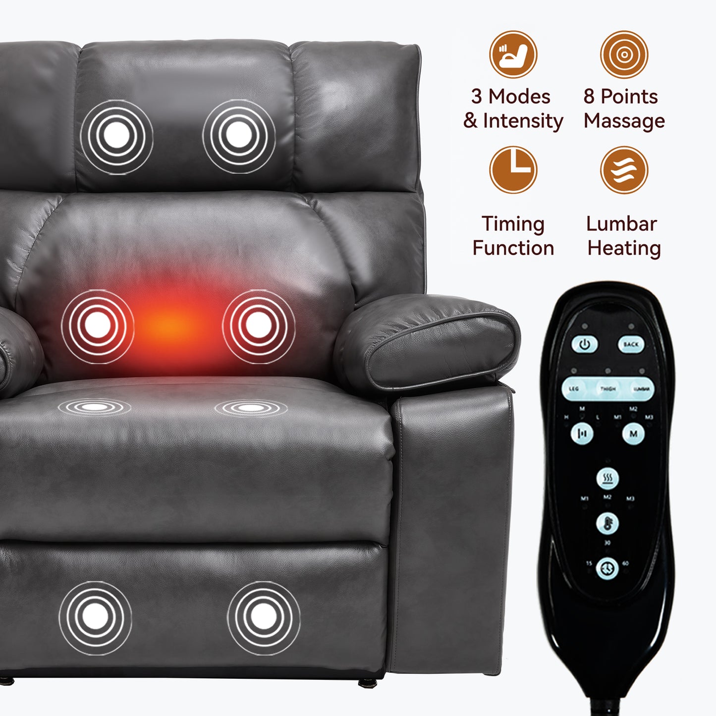 Dark Grey Leatheraire Heat Massage Dual Motor Infinite Position Up to 350 LBS Large Electric Power Lift Recliners with Hidden Cup Holders - detail view 8