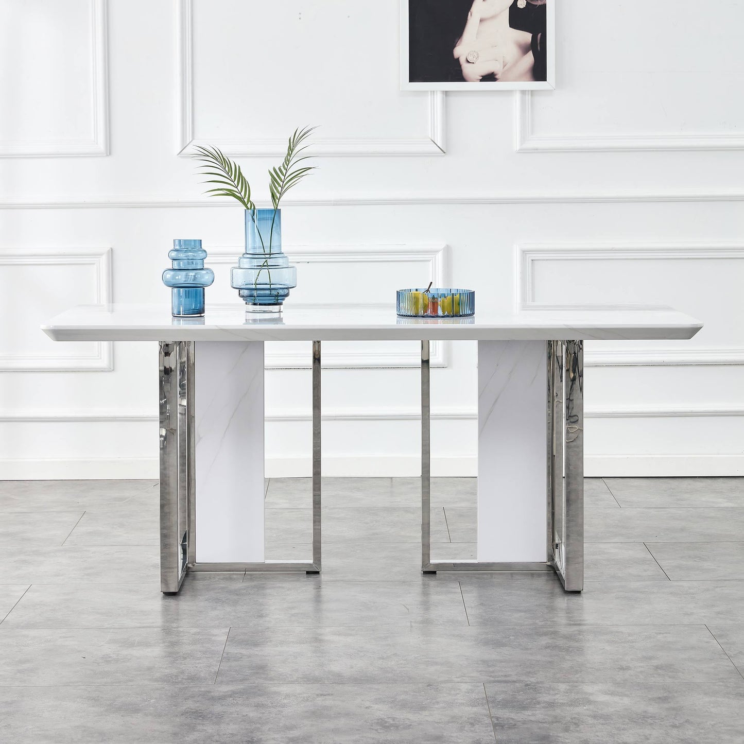 A Modern Minimalist & Luxurious White Rectangular with a Patterned Dining Table. MDF Table & Stainless Steel Frame. Computer Desk. Game Table. - detail view 2