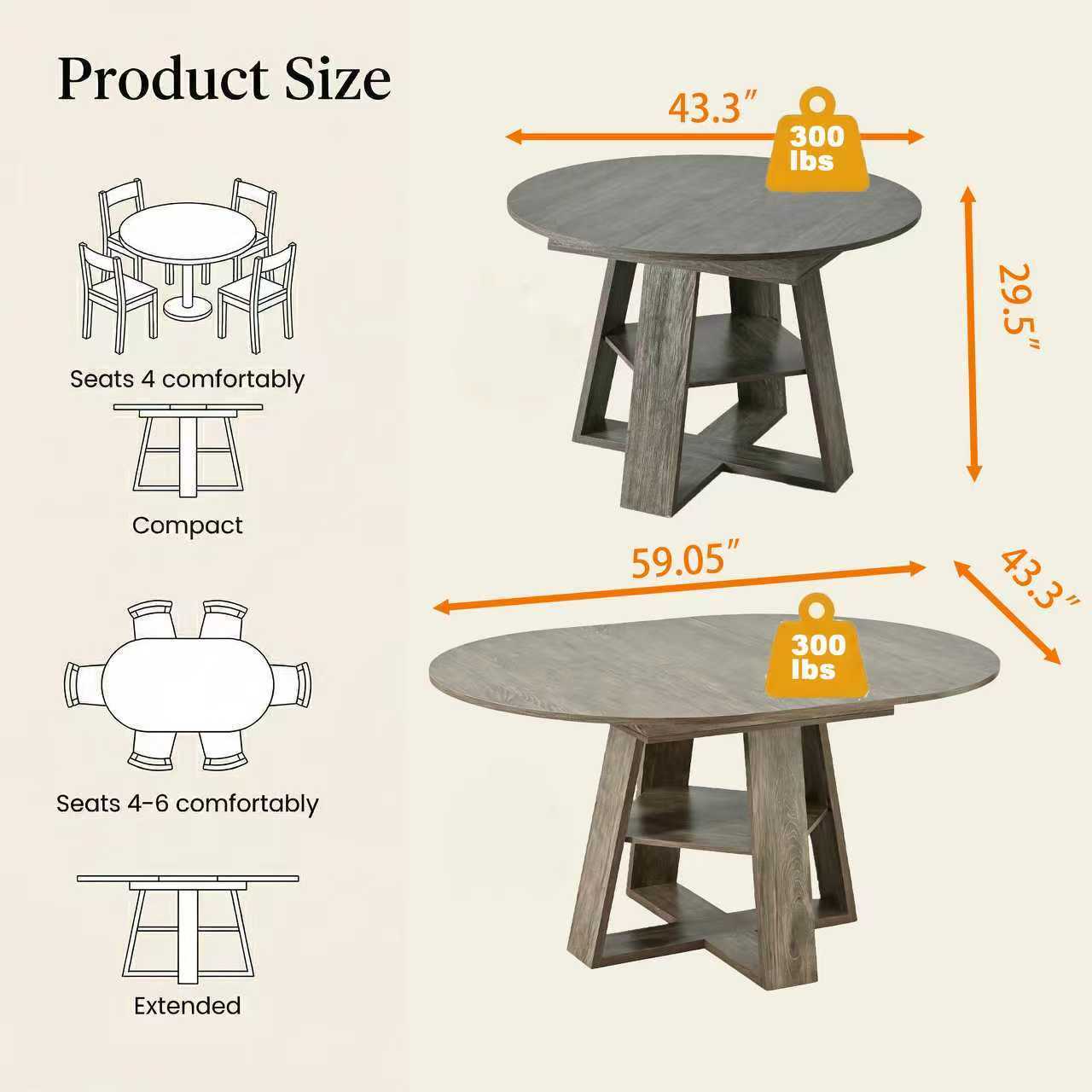 43" -59" Extendable Round Dining Table for 4-8 - Natural - detail view 7