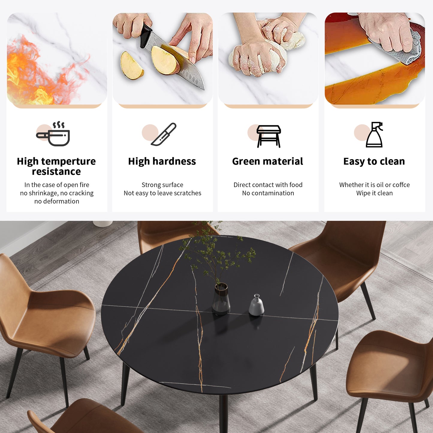 Saffron 53" Modern Artificial Stone Dining Table with Black Legs