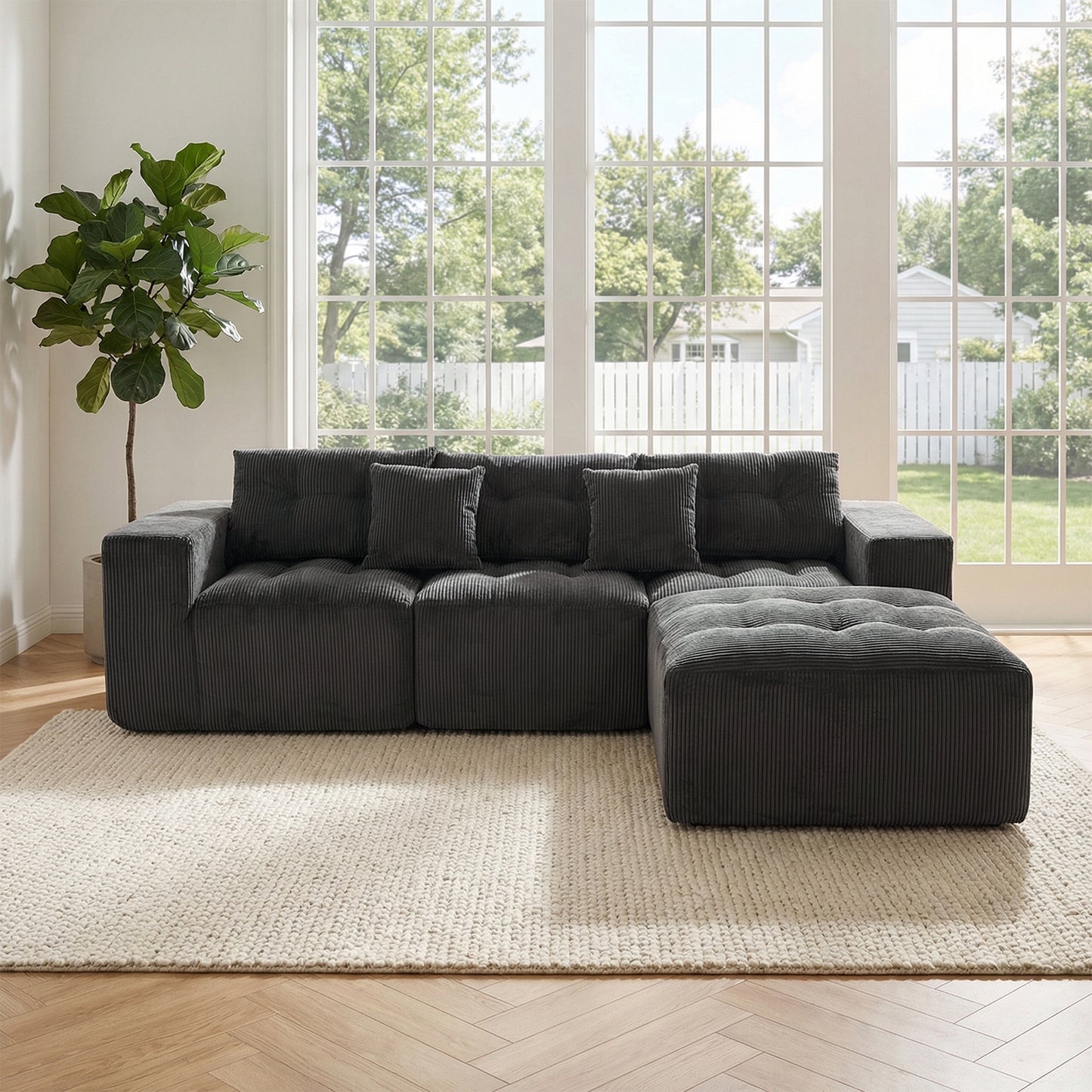 101' L-Shaped Modular Compression Sofa, 3-Seater Comfortable Cloud Sofa, Corduroy Fabric, with Movable Footrest, Free DIY Combination, Suitable for Living Room - primary color shot