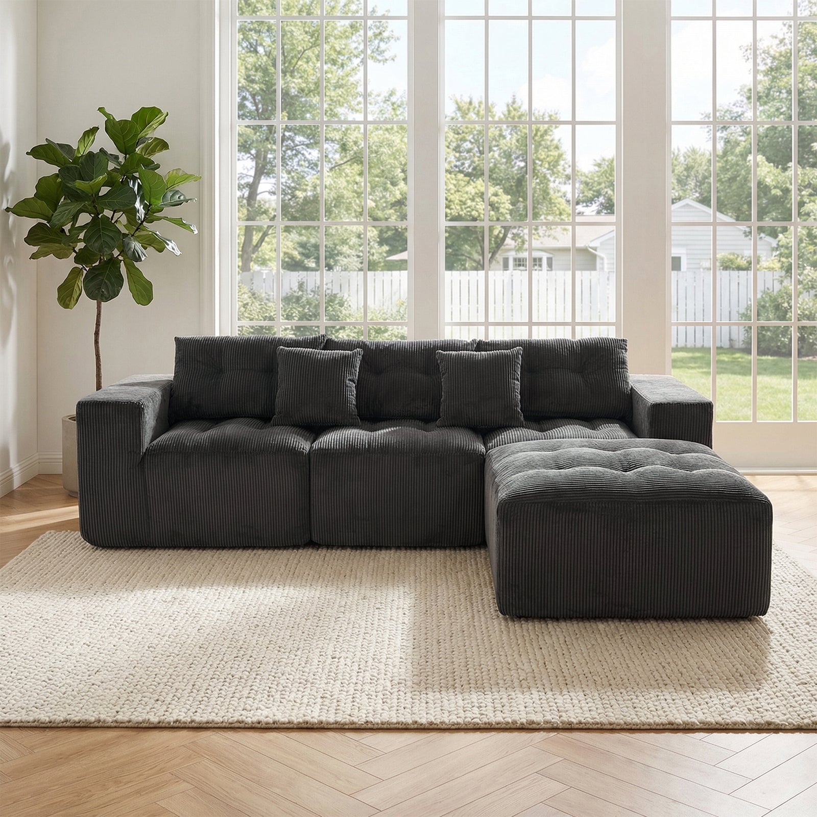 101' L-Shaped Modular Compression Sofa, 3-Seater Comfortable Cloud Sofa, Corduroy Fabric, with Movable Footrest, Free DIY Combination, Suitable for Living Room - primary color shot