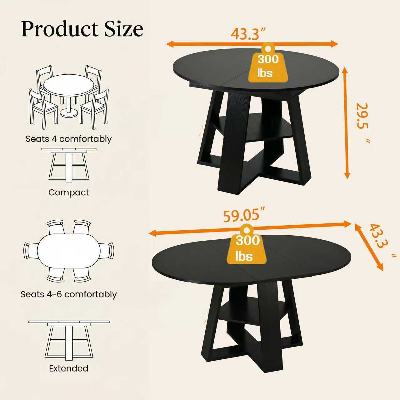 43" -59" Extendable Round Dining Table for 4-8 - Black - detail view 3