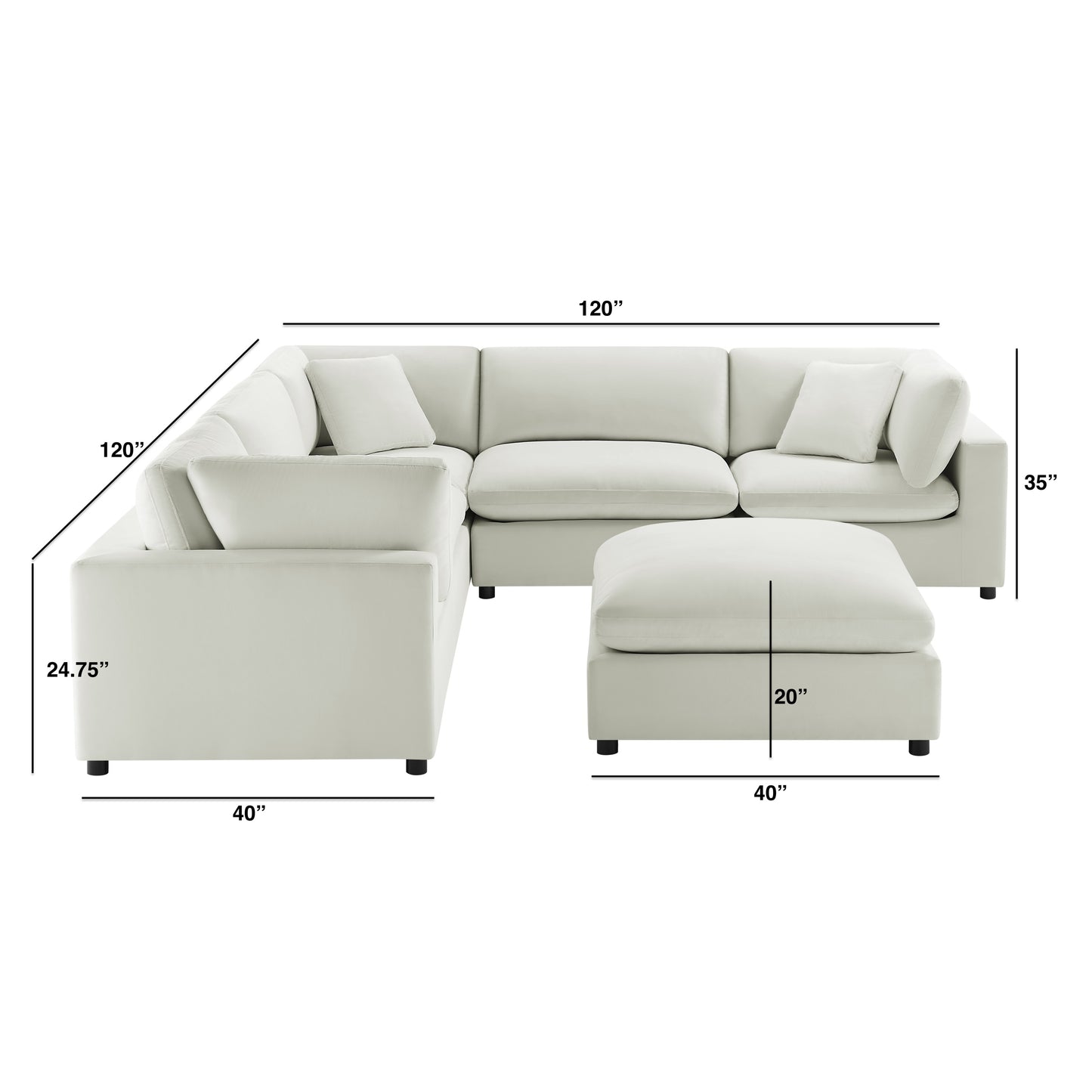 Caylie Modular 6-Piece Sectional in Ivory with Plush Polyester Upholstery and Solid Wood Legs - detail view 7