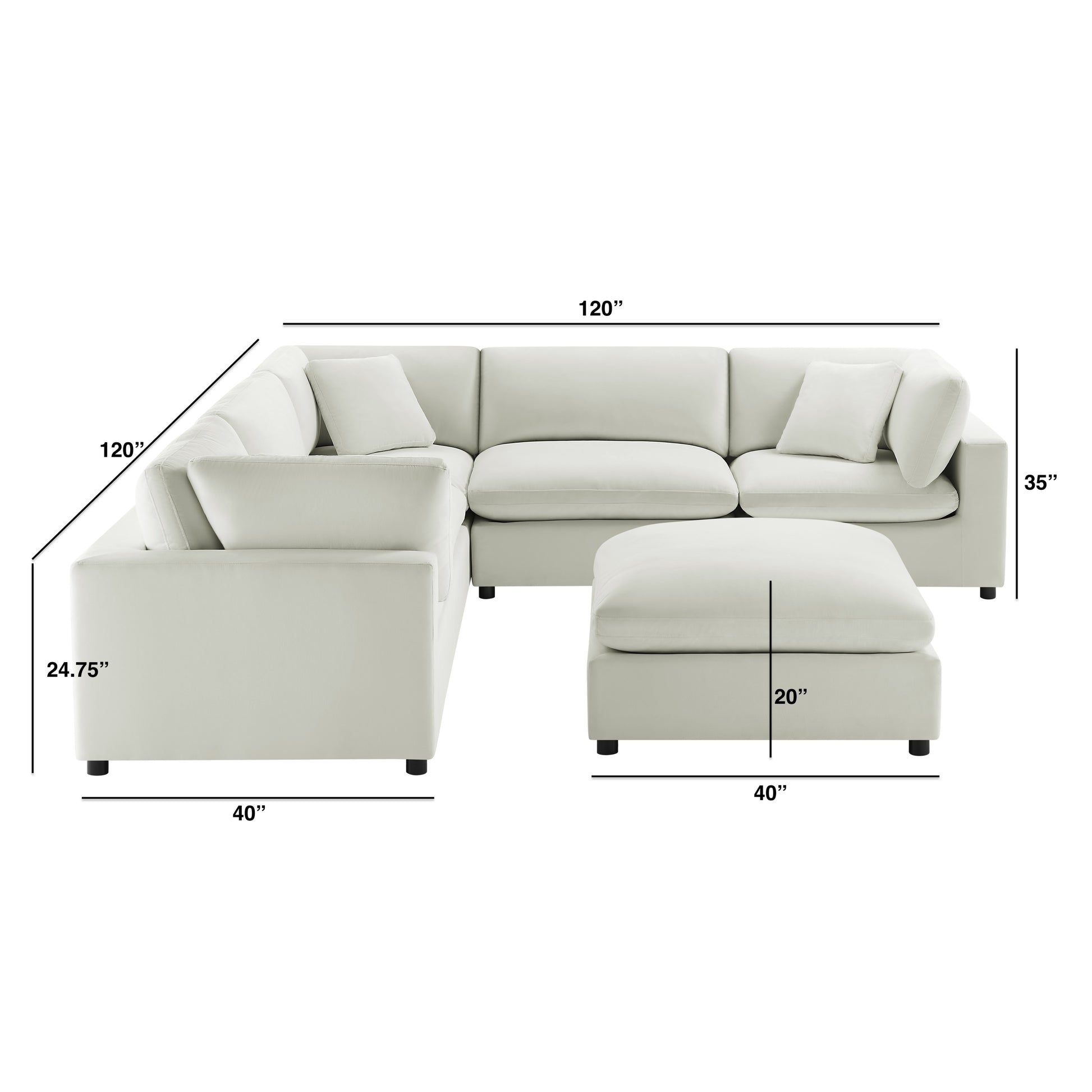 Caylie Modular 6-Piece Sectional in Ivory with Plush Polyester Upholstery and Solid Wood Legs - detail view 7