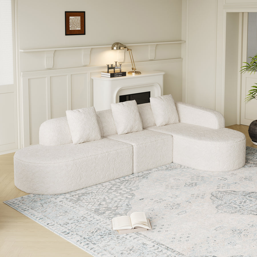 111.8-inch L-shaped curved modular sofa, modern design featuring lychee-textured long-pile polyester fabric, curved backrest with three pillows - detail view 2