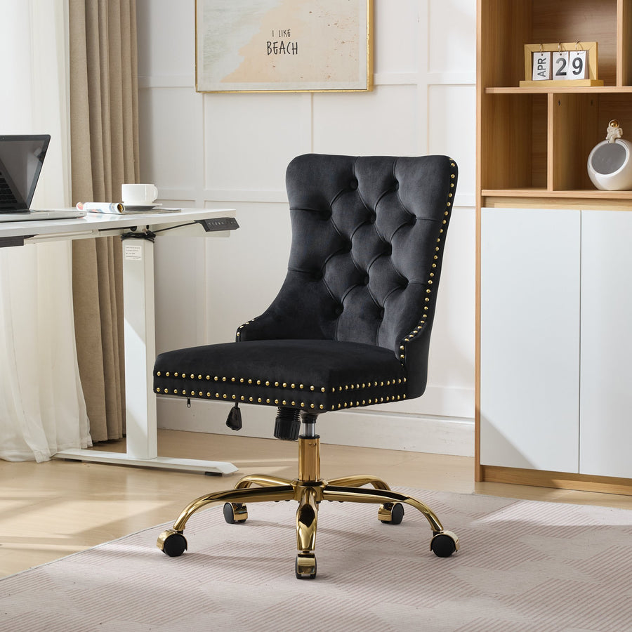 Black Velvet Tufted Nailhead Trim Office Chair with Gold Legs