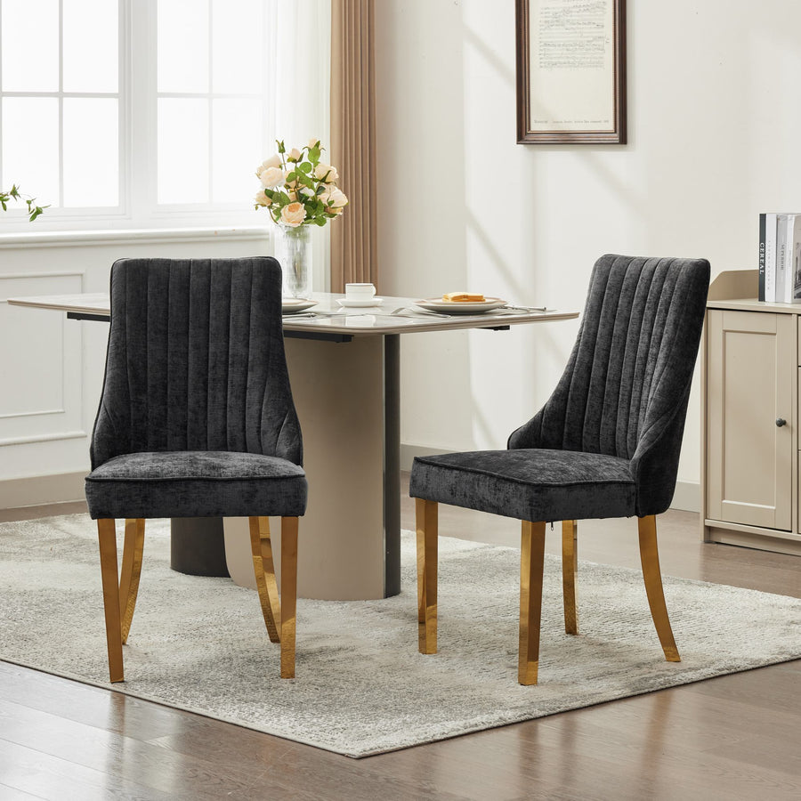 Black Chenille Tufted Channel Dining Chairs with Brushed Silver Legs (Set of 2)