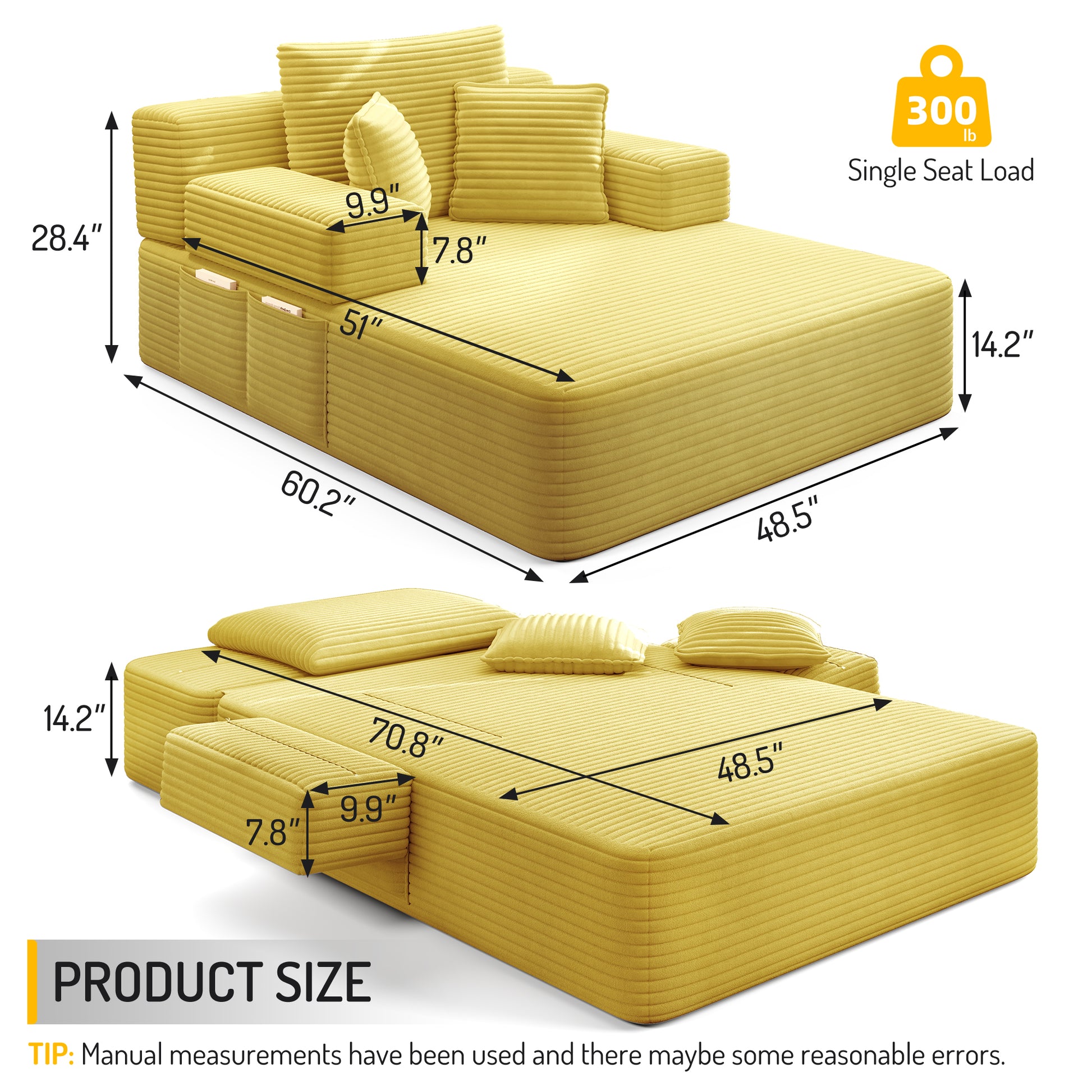 Luxurious Plush Corduroy Chaise Lounge with 3 Pillows - Yellow - detail view 2