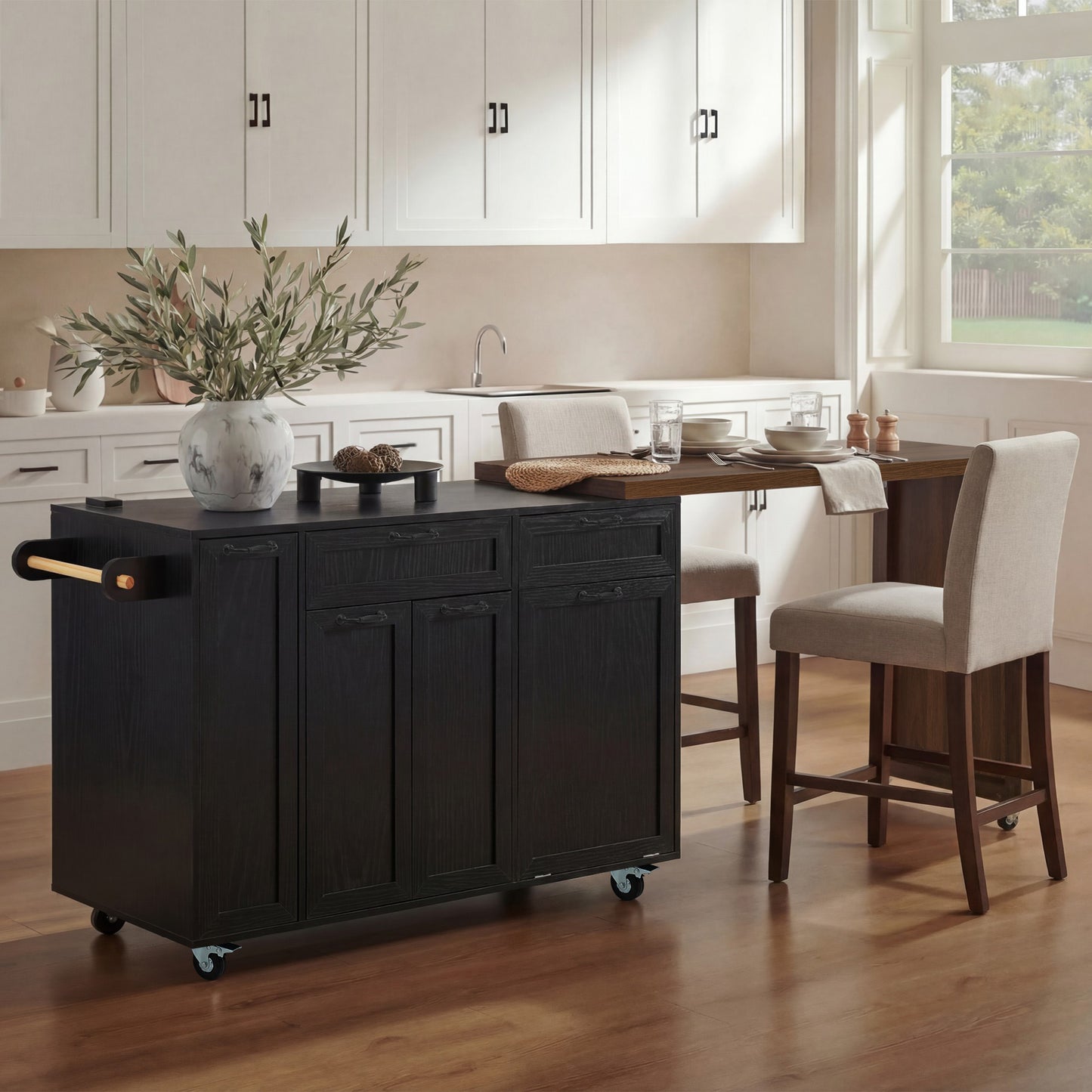 K&k 102.3' Kitchen Island with Extendable Dining Table - Black - detail view 2