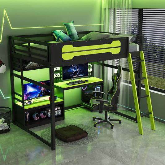 Full Size Wood Loft Bed with Desk - Black+green - primary color shot