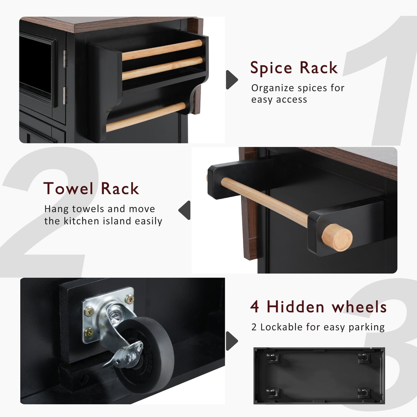 K&k 54.9' Kitchen Island with Drop Leaf - Black - detail view 6