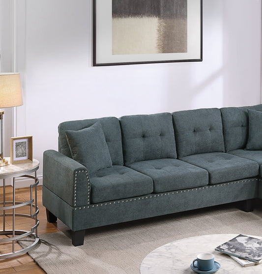 Living Room Furniture 2-PCS Sectional Sofa Set LAF Sofa And RAF Chaise Ash Black Color Tweeted-Like Velvet Tufted Couch Nailheads - detail view 2
