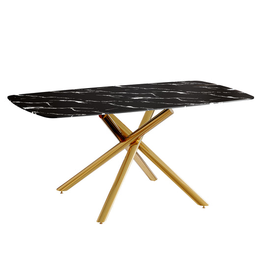 Luxurious Black Marble-Patterned Dining Table with Golden Metal Fork Legs - Black & Gold - primary color shot