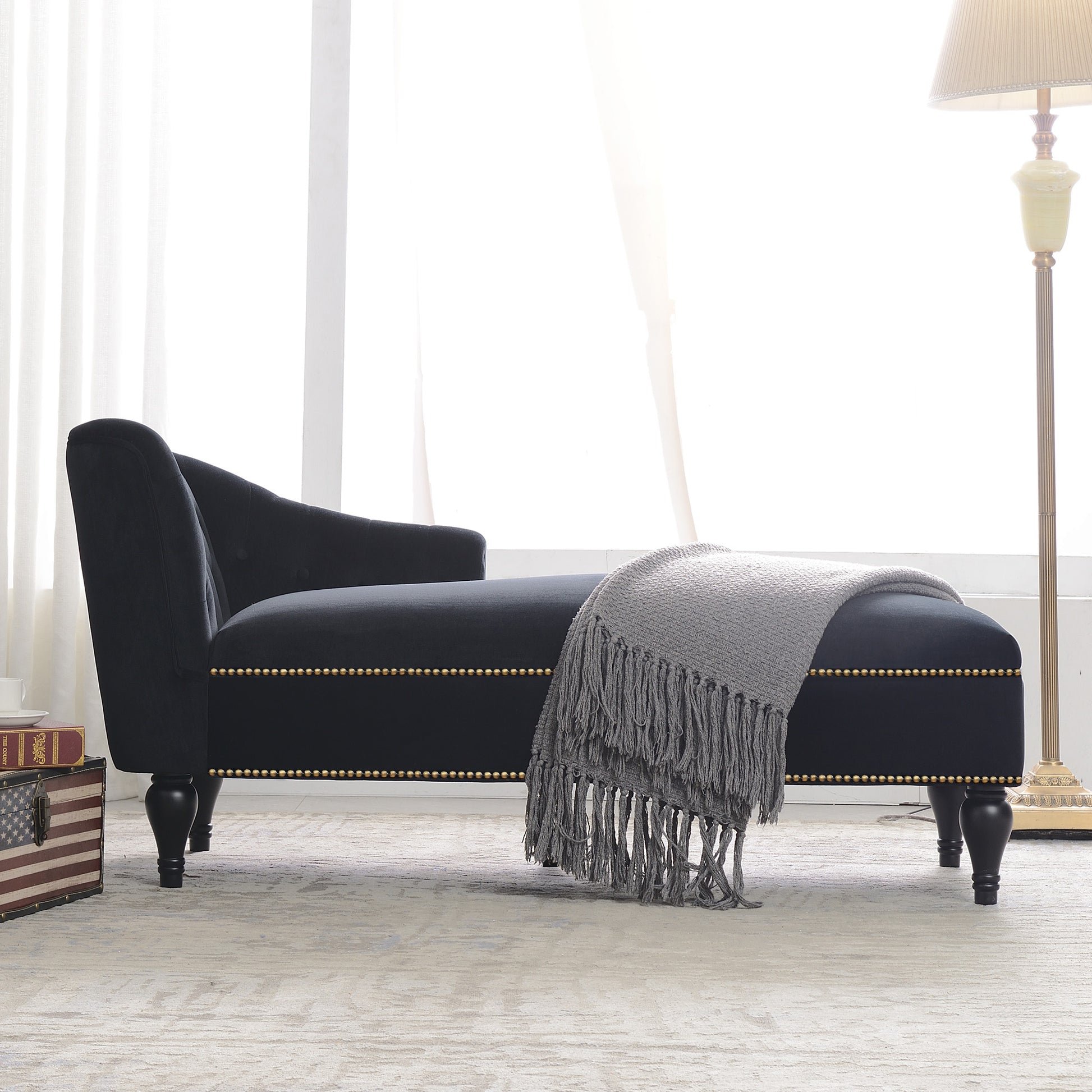 [new+video] 58"velvet Chaise Lounge - Black - detail view 4