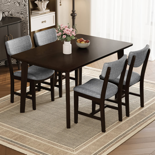 Rustic 5-Piece Dining Set - 1 Solid Wood Table + 4 Upholstered Chairs - Espresso - Gray - primary color shot