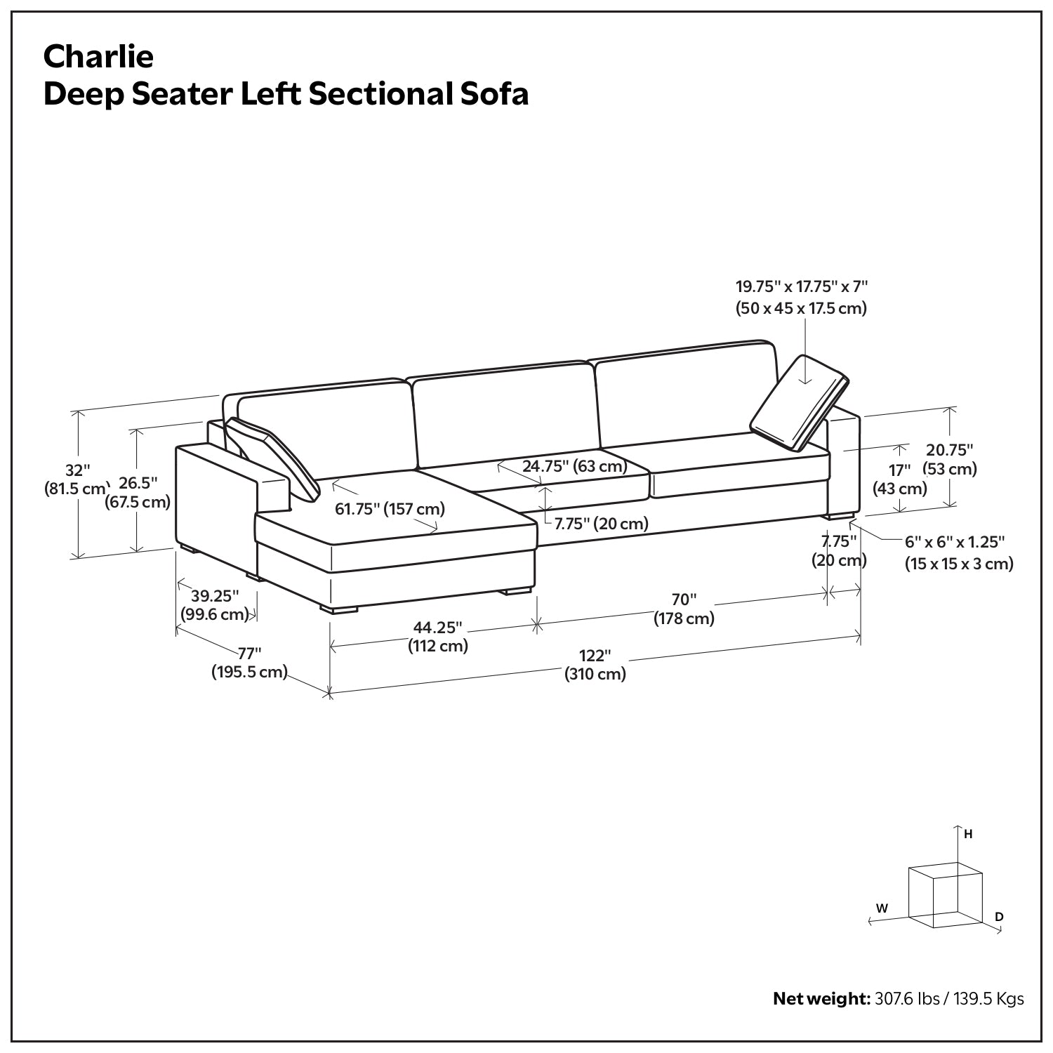 Charlie Deep Seater Left Sectional Sofa in Pebble Grey Performance Fabric with Solid Wood Frame, 122-Inch Wide, 8-Inch Thick Cushions - detail view 3
