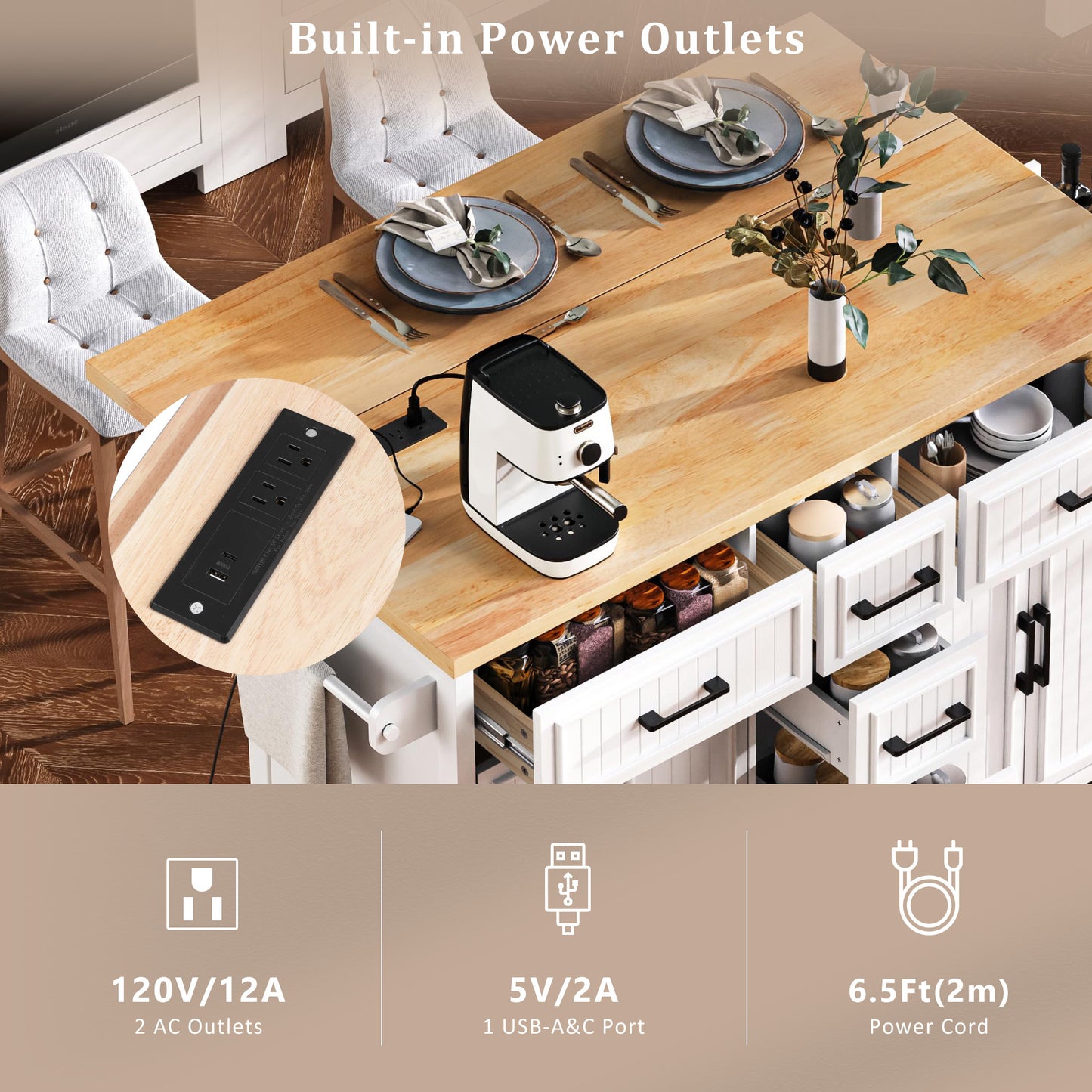 K&k 56.5'' Kitchen Island with Drop Leaf - White - detail view 7