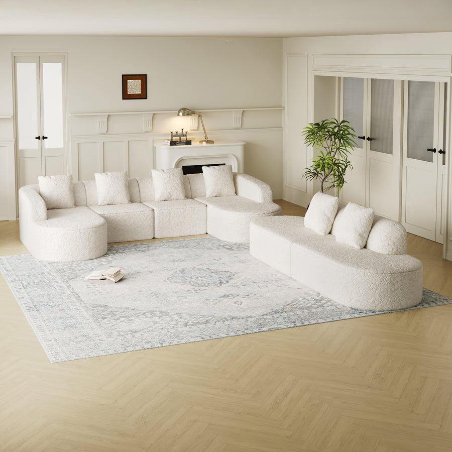 111.8-inch L-shaped curved modular sofa, modern design featuring lychee-textured long-pile polyester fabric, curved backrest with three pillows - primary color shot
