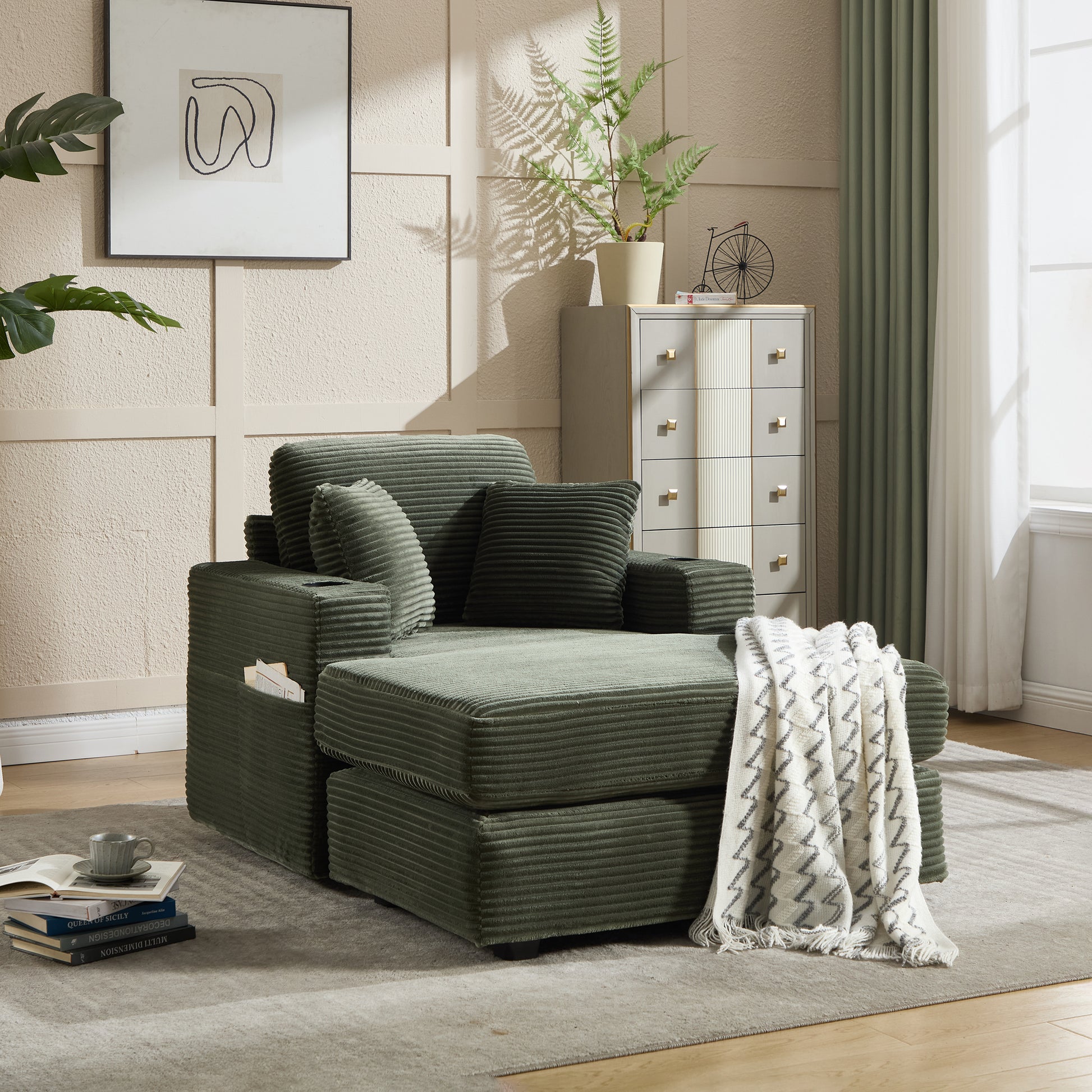 [new]corduroy Upholstered Chaise Lounge Sofa - Green - detail view 8