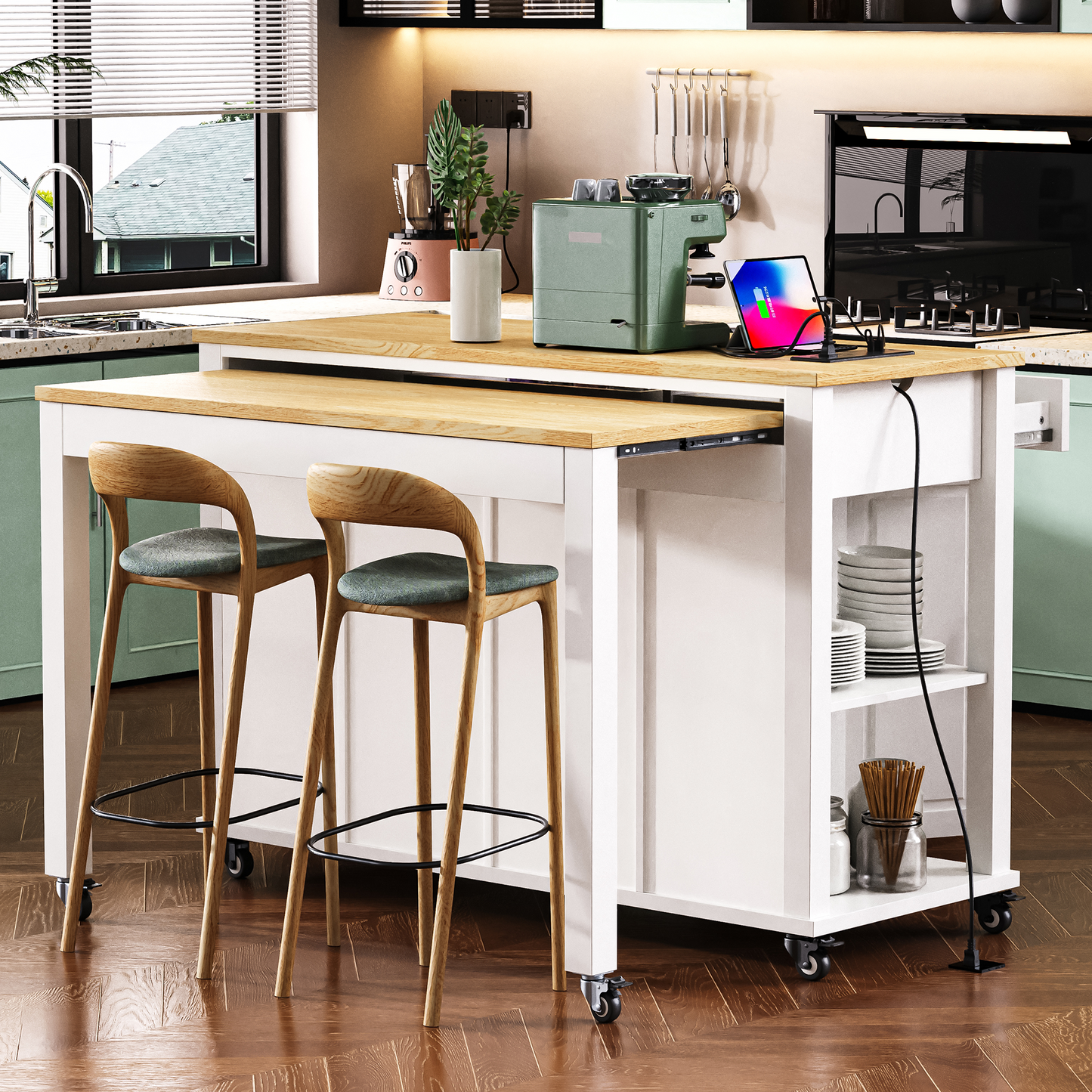 K&k 47" Kitchen Island with Extendable Dining Table - White - detail view 2