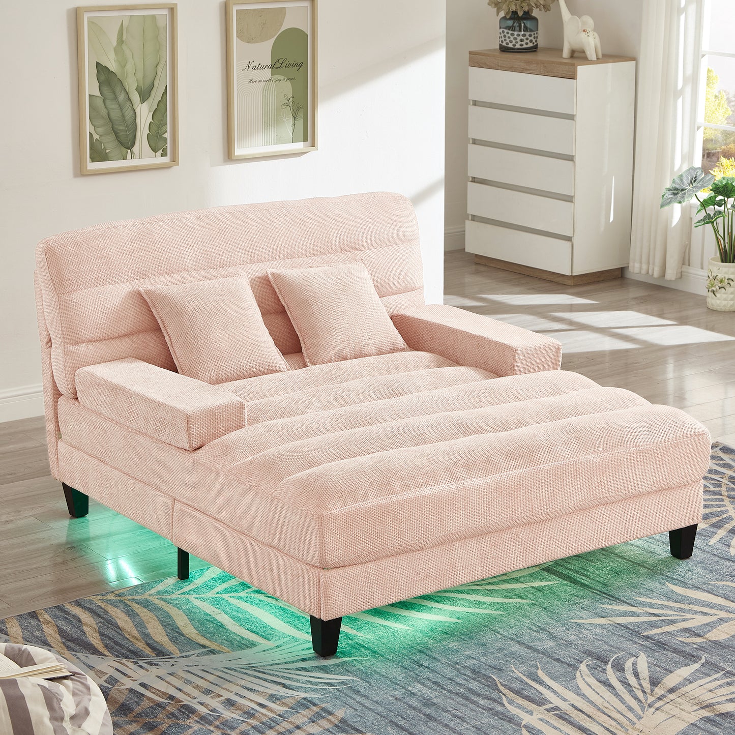 Modern Chaise Lounge Sofa 57.1' Sofa Bed with Adjustable Backrest & LED Light Strip - Pink - detail view 2