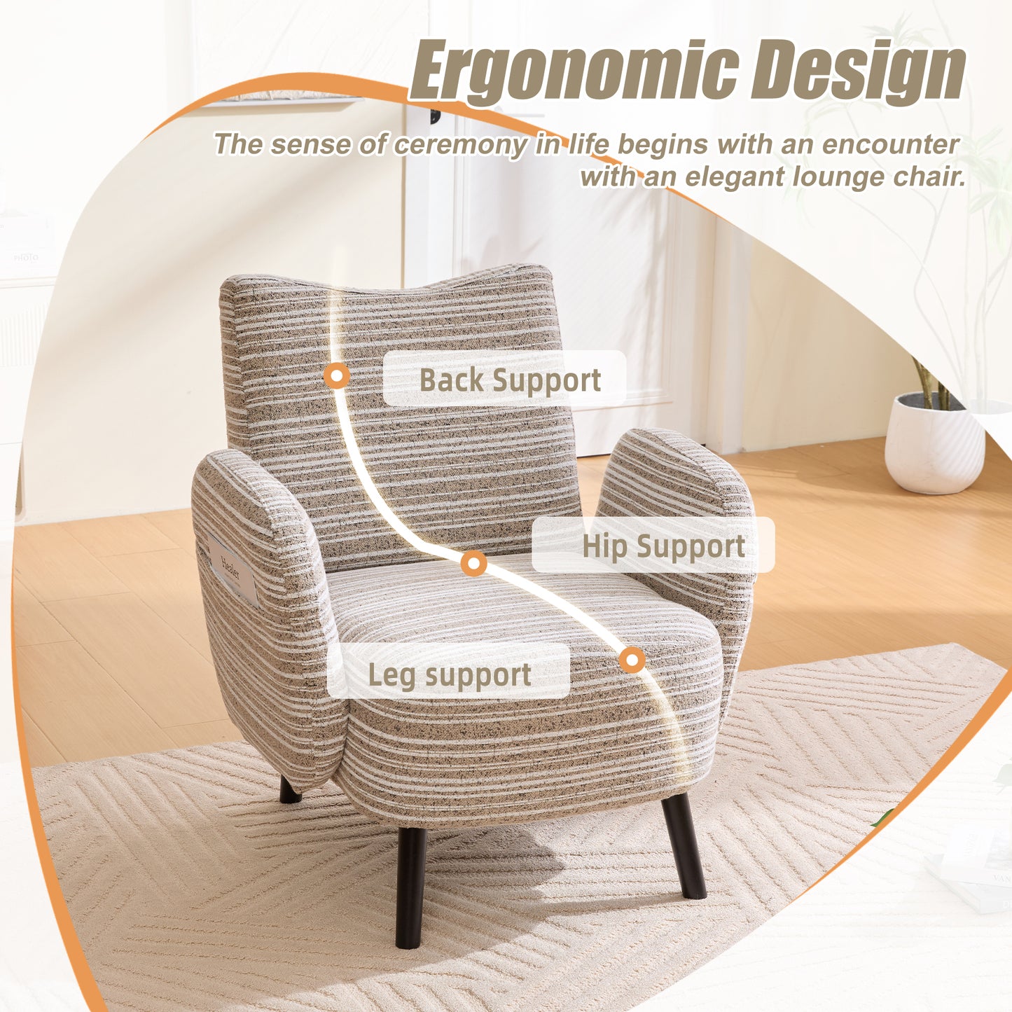 khaki Bouclé Accent Chair with Wood Legs - detail view 4