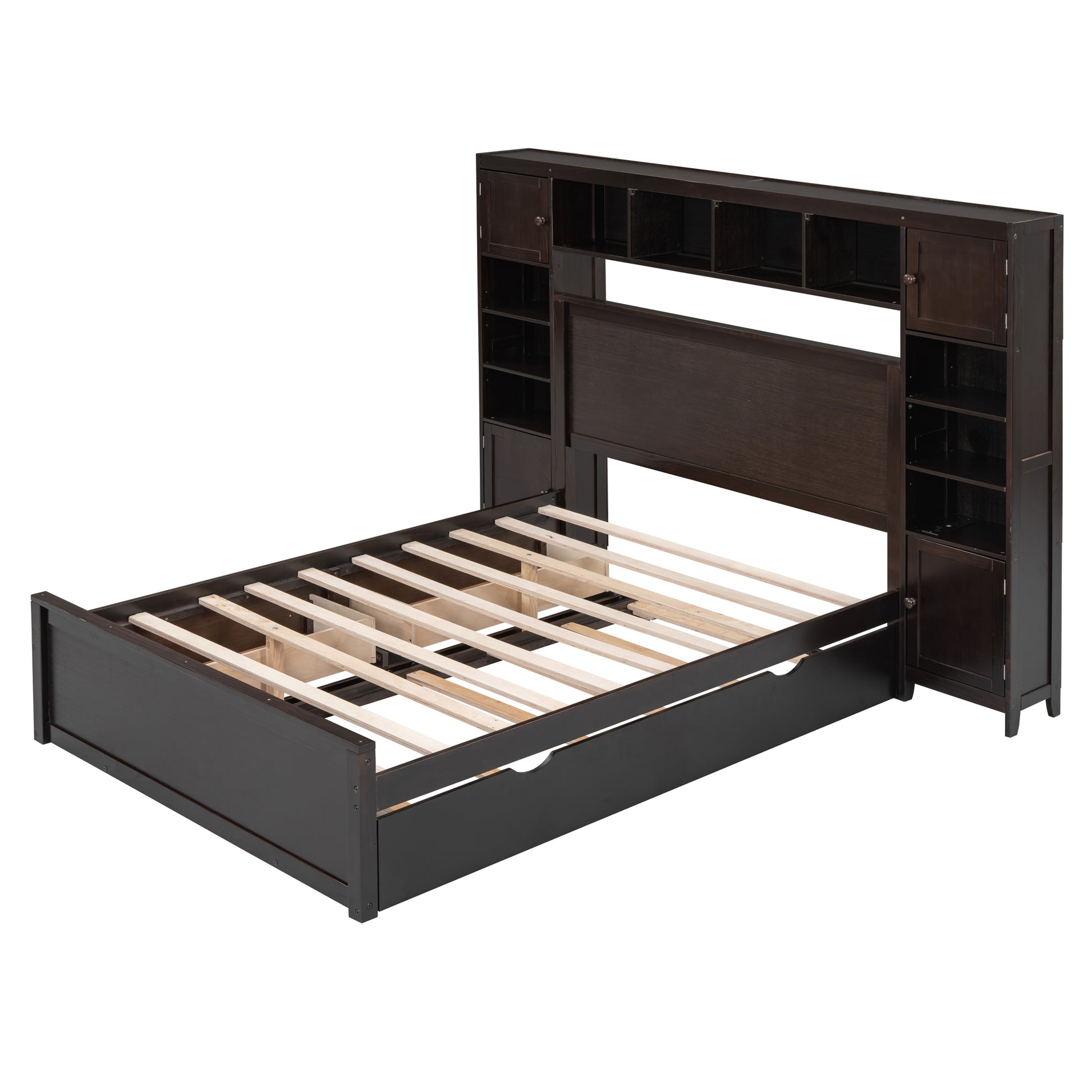Ambrose Full Size Wooden Bed With All-in-One Cabinet, Espresso