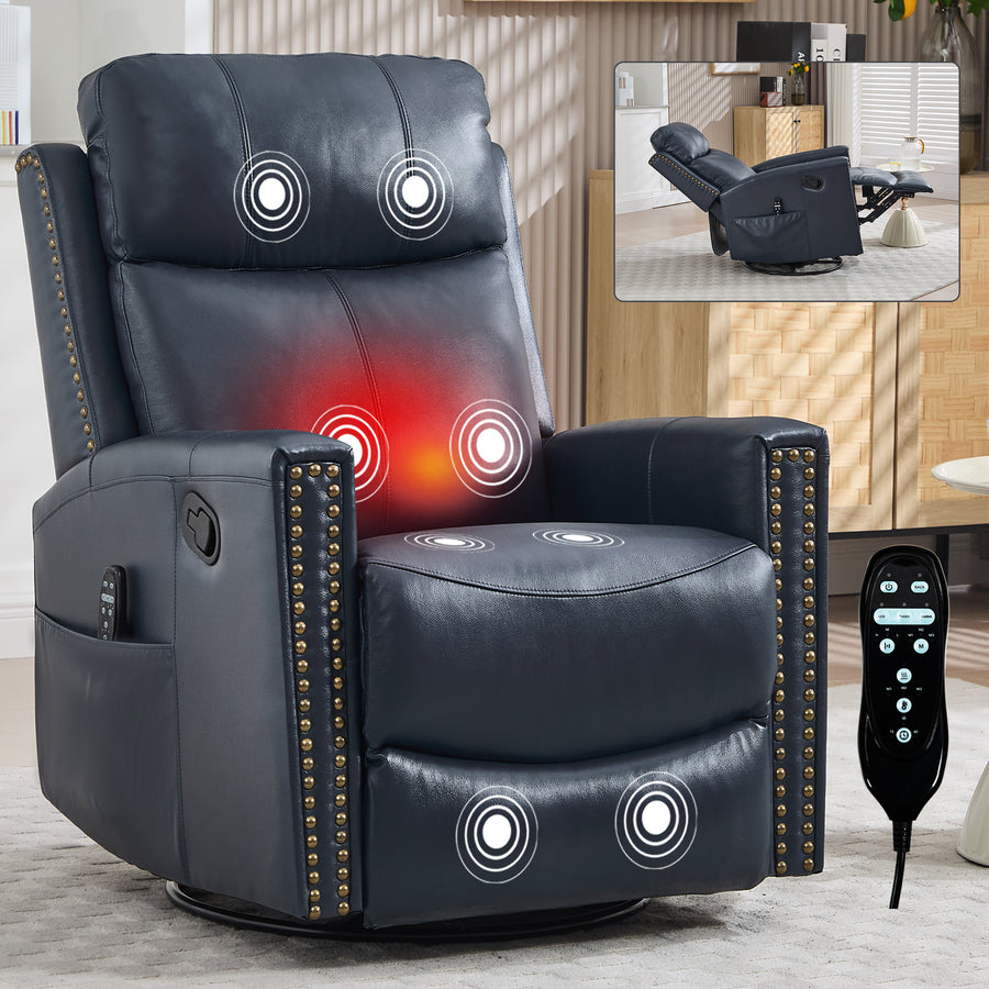 Blue Genuine Leather Heat Massage Manual Recliner Chair with Rocker and Swivel - primary color shot