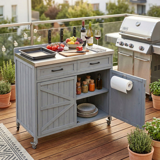 K&k 39.4' Outdoor Kitchen Island with Stainless Table Top - Grey & Blue - primary color shot