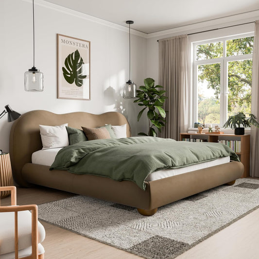 Finamore Camel-Back King Velvet Cloud Platform Bed with Oak Feet - Brown