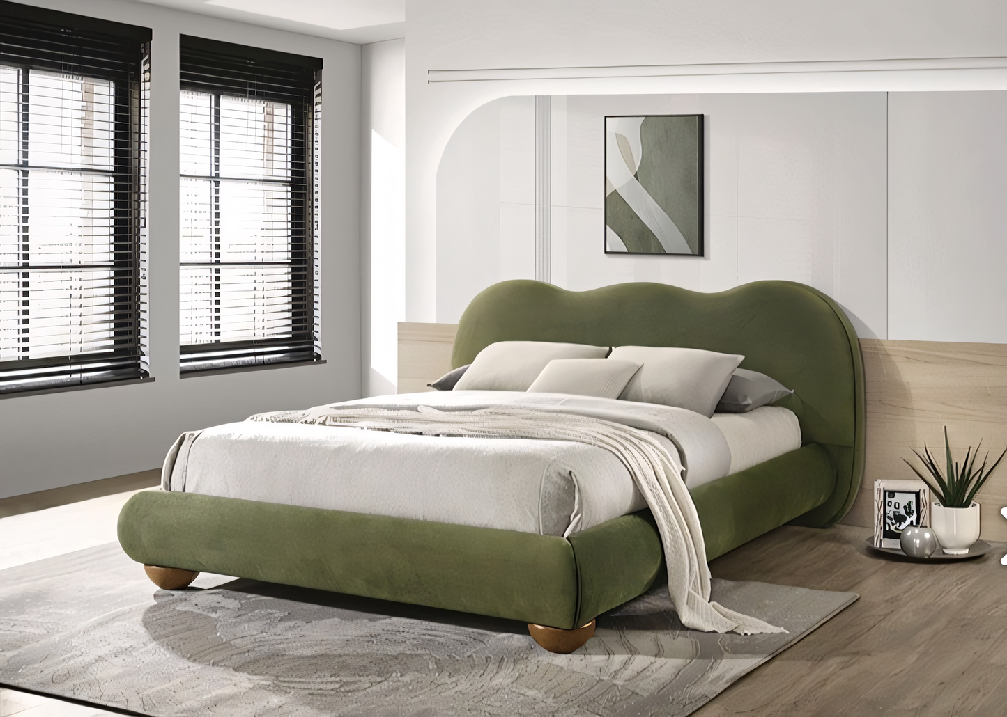 Finamore Camel-Back Queen Velvet Cloud Platform Bed with Oak Feet