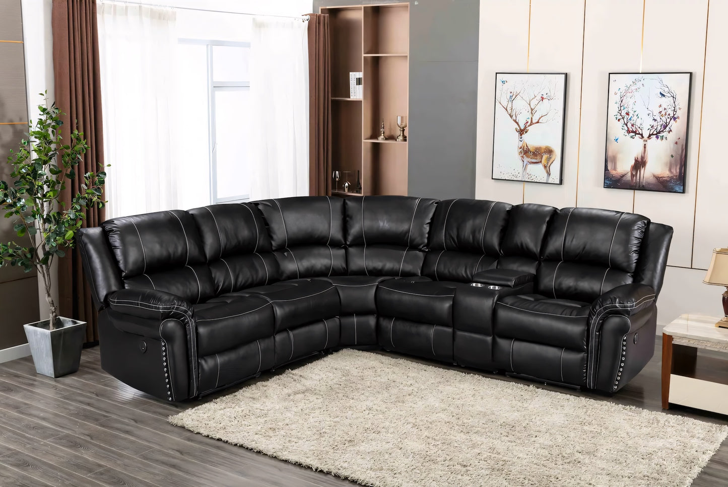 Fink Black Power Reclining Sectional with Stitching