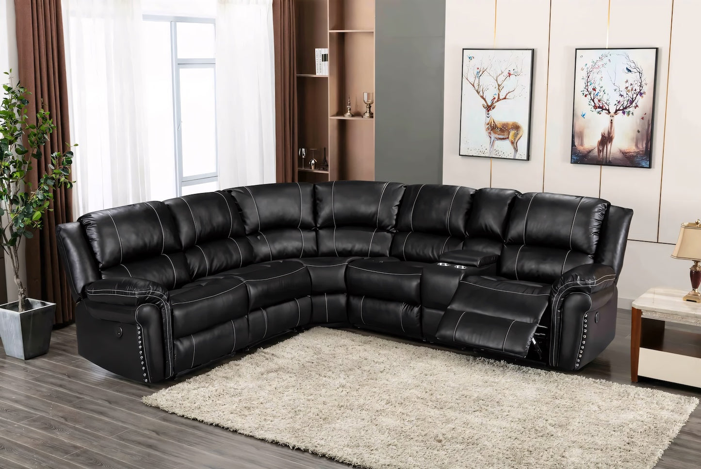 Fink Black Power Reclining Sectional with Stitching