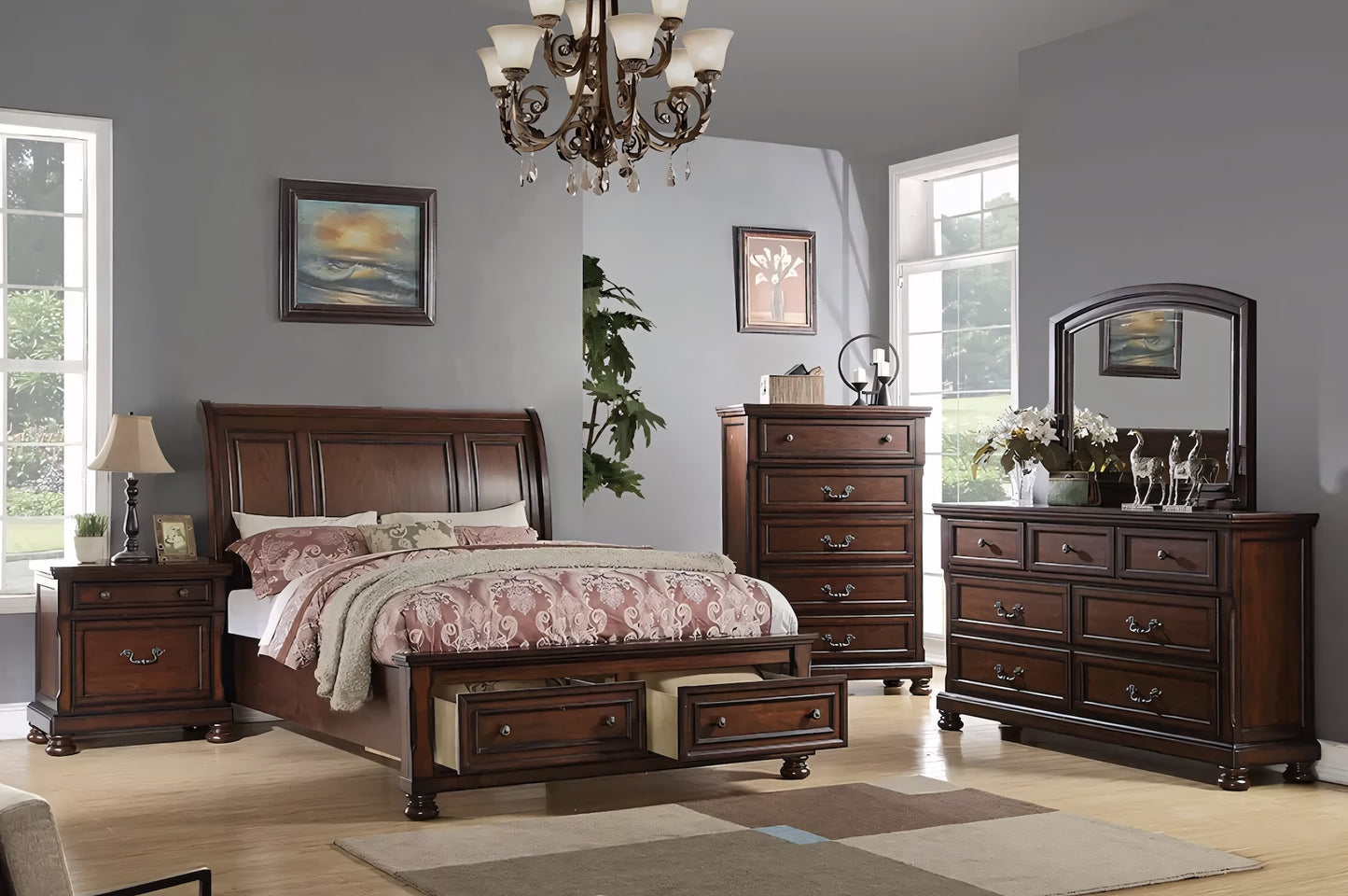 Wooden bedroom furniture set with bed, dresser, and nightstands in a room with windows and decor.