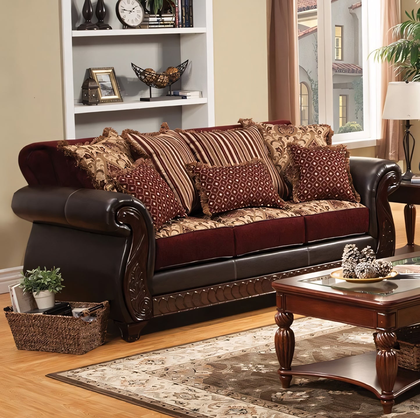 Brown leather sofa with patterned cushions in a living room setting.