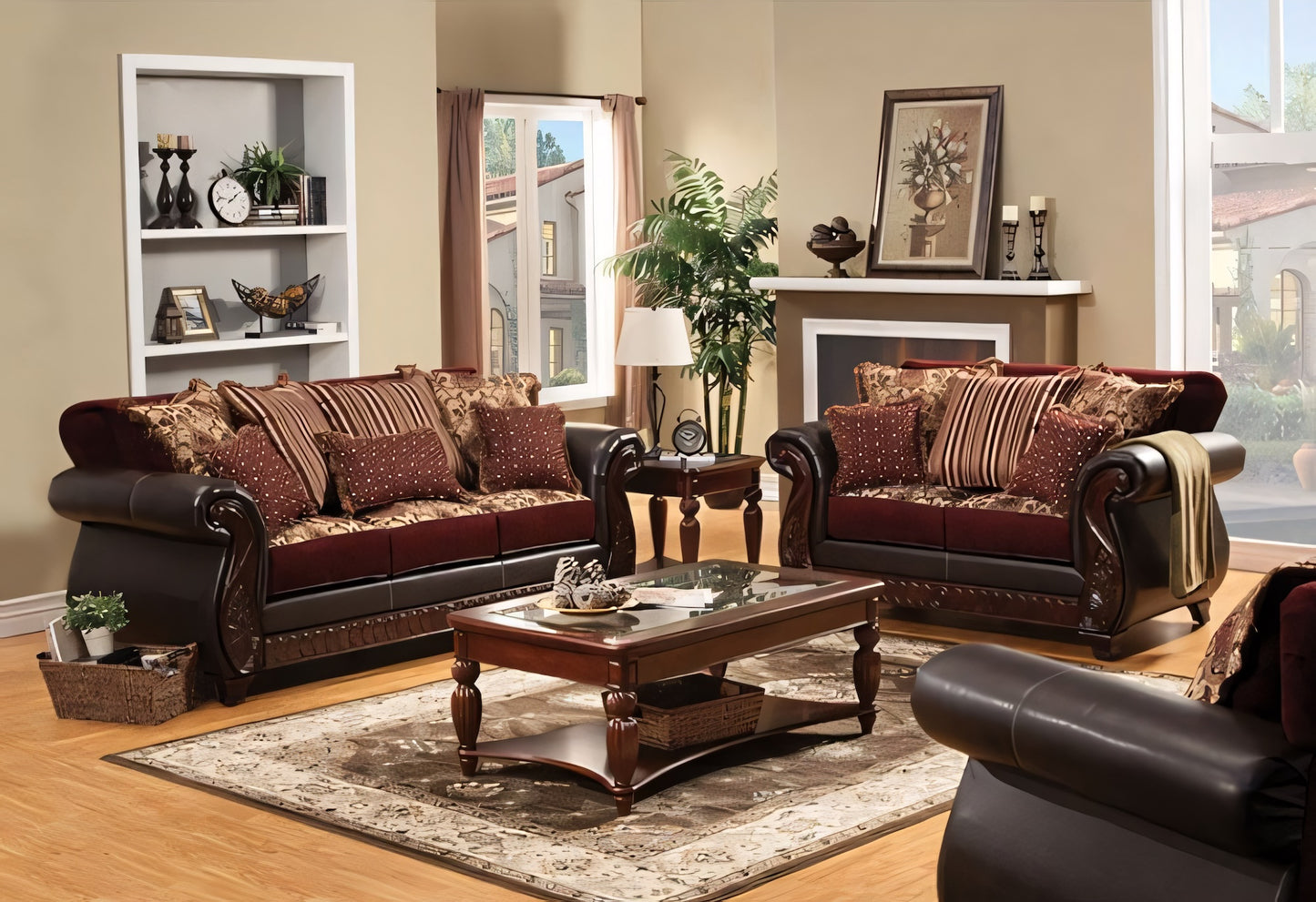 Living room with brown leather sofa set and wooden coffee table.