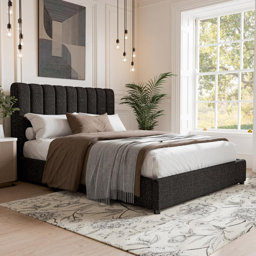 Traverso Modern Bouclé Upholstered Queen Size Bed - Black