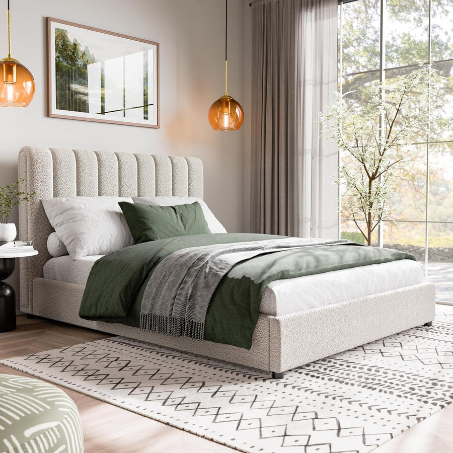 Traverso Modern Bouclé Upholstered Queen Size Bed - White