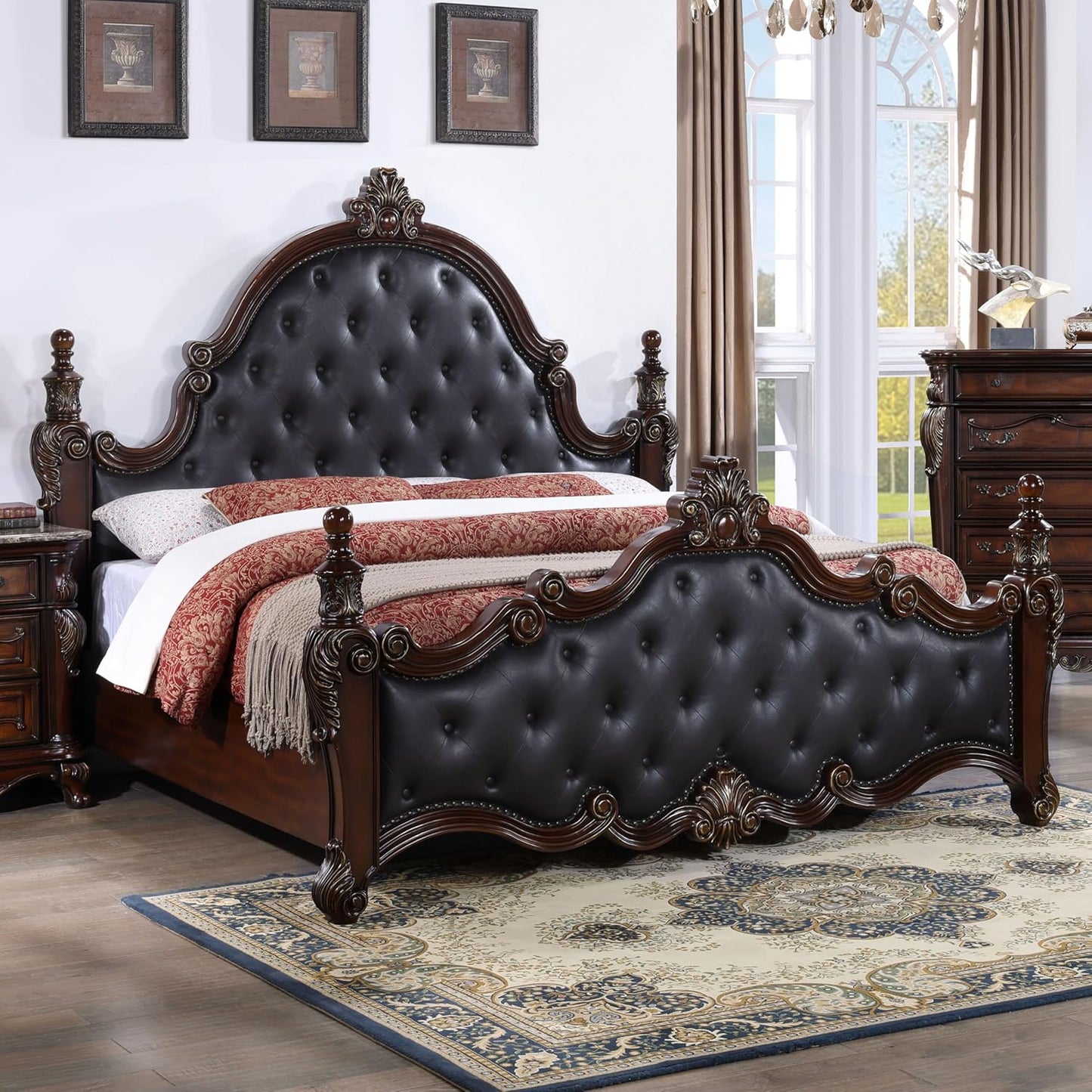 Cremona Traditional Queen Poster Bed - Dark Cherry & Black