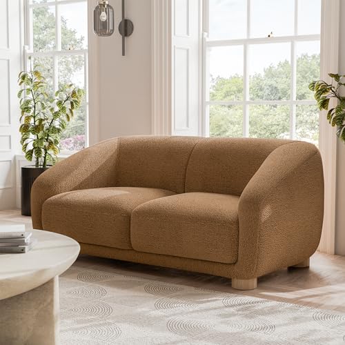 Kolvere Contemporary Boucle Sloped Arm Sofa with Wooden Feet - Brown